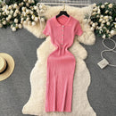 Summer Elastic Women Solid Knit Dress Summer Rose Red Retro Loose Sundress Sets 2024 bodycon Streetwear Sheer Beach Long Dress - M & M Global