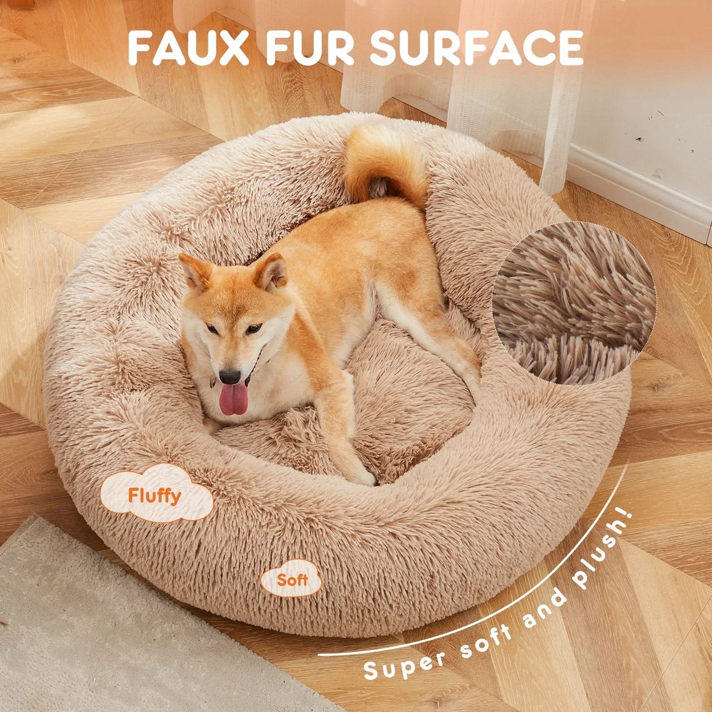 JHK Calming Dog Bed for Medium to Large Dogs Washable Large Pet Bed Anti-Slip Round Fluffy Plush Faux Fur Dog Bed