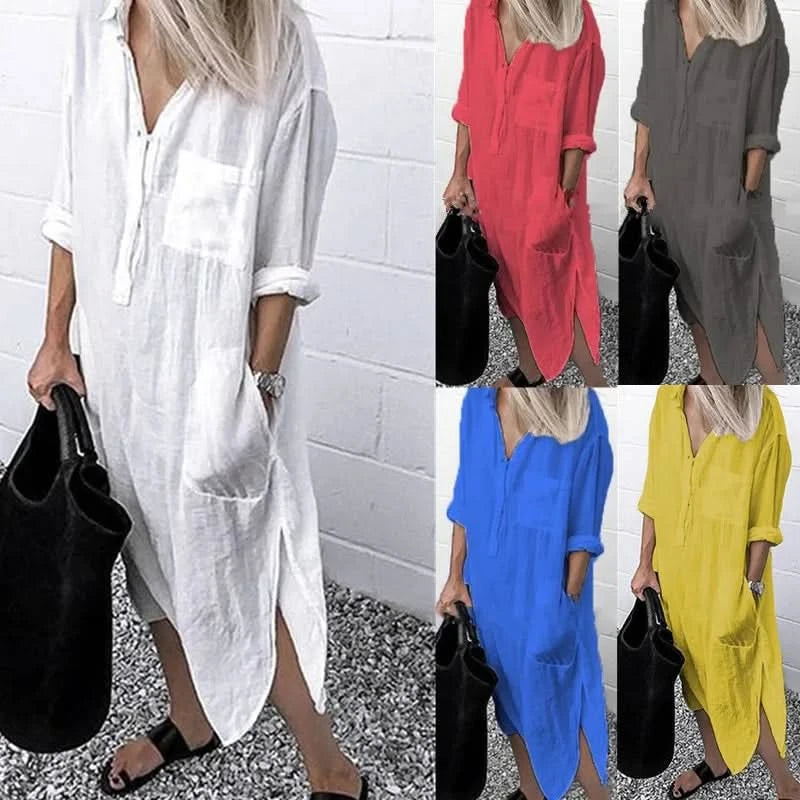 Spring Summer Women's Solid Color Loose Split Shirt Midi Dress Elegant Casual Button Pocket V-Neck Long Sleeve Long Dress 2024 - M & M Global