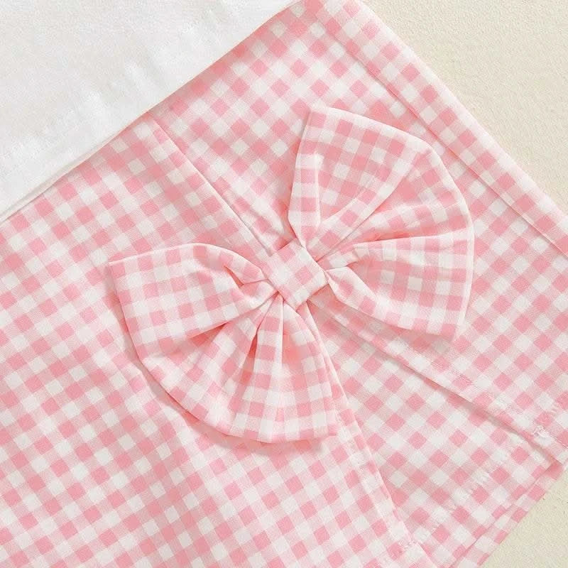 Adorable Toddler Girl Outfit with Bow Detail Short Sleeve Tee Plaid Skorts and Elastic Waistband - 2 Piece Summer Set - M & M Global