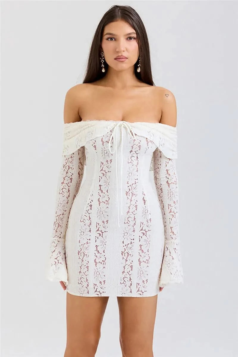 Mozision Floral Lace Off-shoulder Maxi Dress For Women White Strapless Backless Long Sleeve Bodycon Club Party Sexy Long Dress - M & M Global