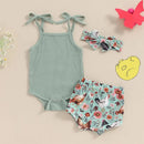 Toddler Girl 3 Piece Summer Set Floral Print Sleeveless Romper with Ruffle Trim Denim Shorts Bow Headband Outfit - M & M Global