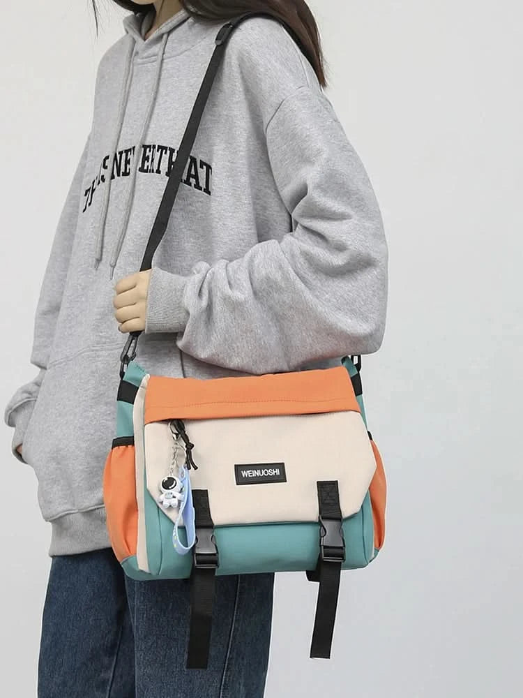 Unisex Student Messenger Bag Large Capacity Flap Crossbody Bag Contrast Color Casual Shoulder Bag for College Travel Business - M & M Global
