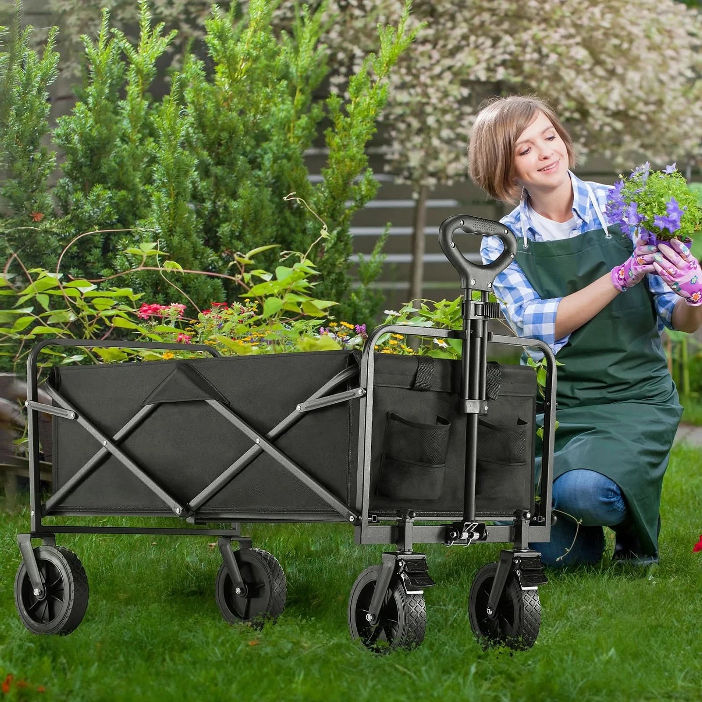 JHK Outdoor Collapsible Foldable Garden Beach Cart Large Capacity Wagon Cart Utility Grocery Wagon for Shopping Sports Camping