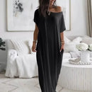 Summer Home Long Dress Comfortable Casual Sexy One-shoulder Bat-sleeve Dress Women's Short-sleeved Long Dress - M & M Global