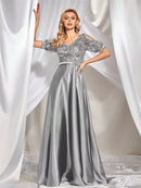 Elegant Short Sleeve Satin Patchwork Sequins V-neck Formal Evening Dresses 2026 Luxury Women A-Line Party Cocktail Prom Gowns