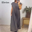 Chic Simple O-neck Pleated Long Dress Women 2024 Fashion Solid Sleeveless Boho Beach Dress Casual Pocket Female Loose Maxi Dress - M & M Global