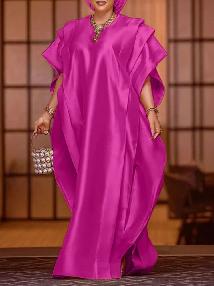 VONDA Plus Size 5XL Elegant Maxi Long Dress 2024 Fashion Satin Dress Sexy Printed Patchwork Bat-wing Sleeve Vestidos Ruffle Robe - M & M Global