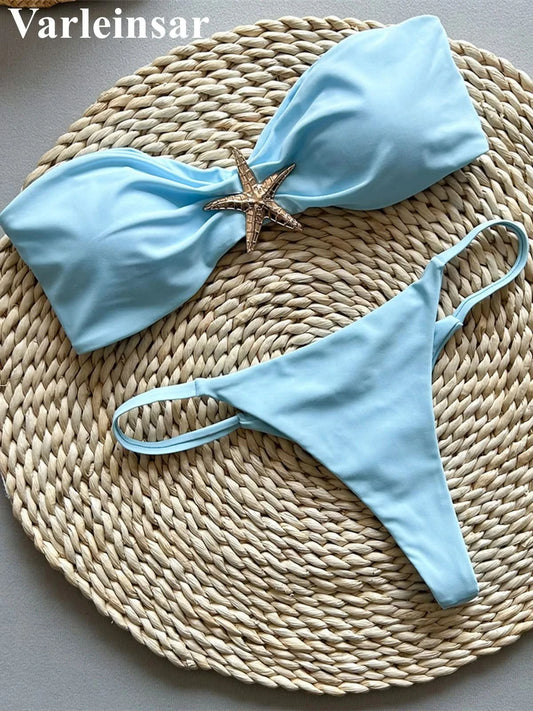 New Metal Star Bandeau High Cut Thong Bikini Women Swimwear Female Swimsuit Two-pieces Bikini set Bather Bathing Suit Swim V6422 - M & M Global