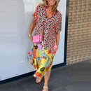 Retro Leopard Print Patchwork Pattern Party Dress Women Sexy V Neck Loose Split Long Dress Spring Summer Short Sleeve Boho Dress - M & M Global