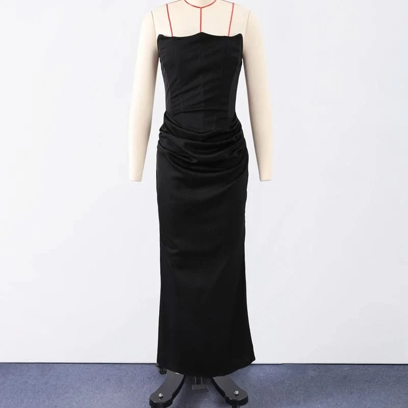 Sexy Strapless Patchwork Long Dress Women Slim Sleeveless Pleated Mermaid Dresses 2025 Spring Summer Lady Evening Solid Robe - M & M Global
