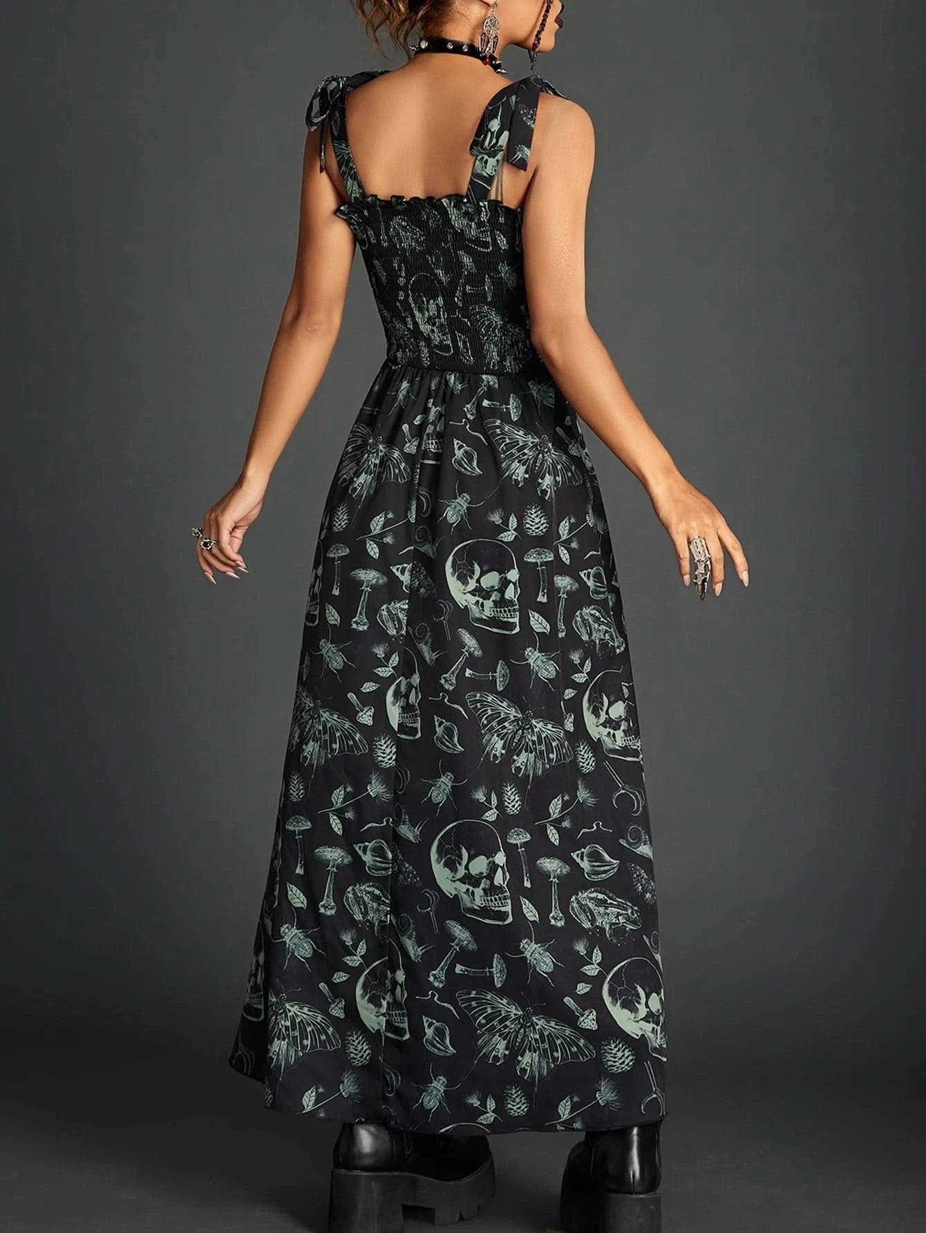 Goth Dark Fairy Grunge Y2k Aesthetic Skull Graphic Dresses Mall Gothic Shirring Lace Up Long Dress Punk A-line Slim Emo Clothing - M & M Global
