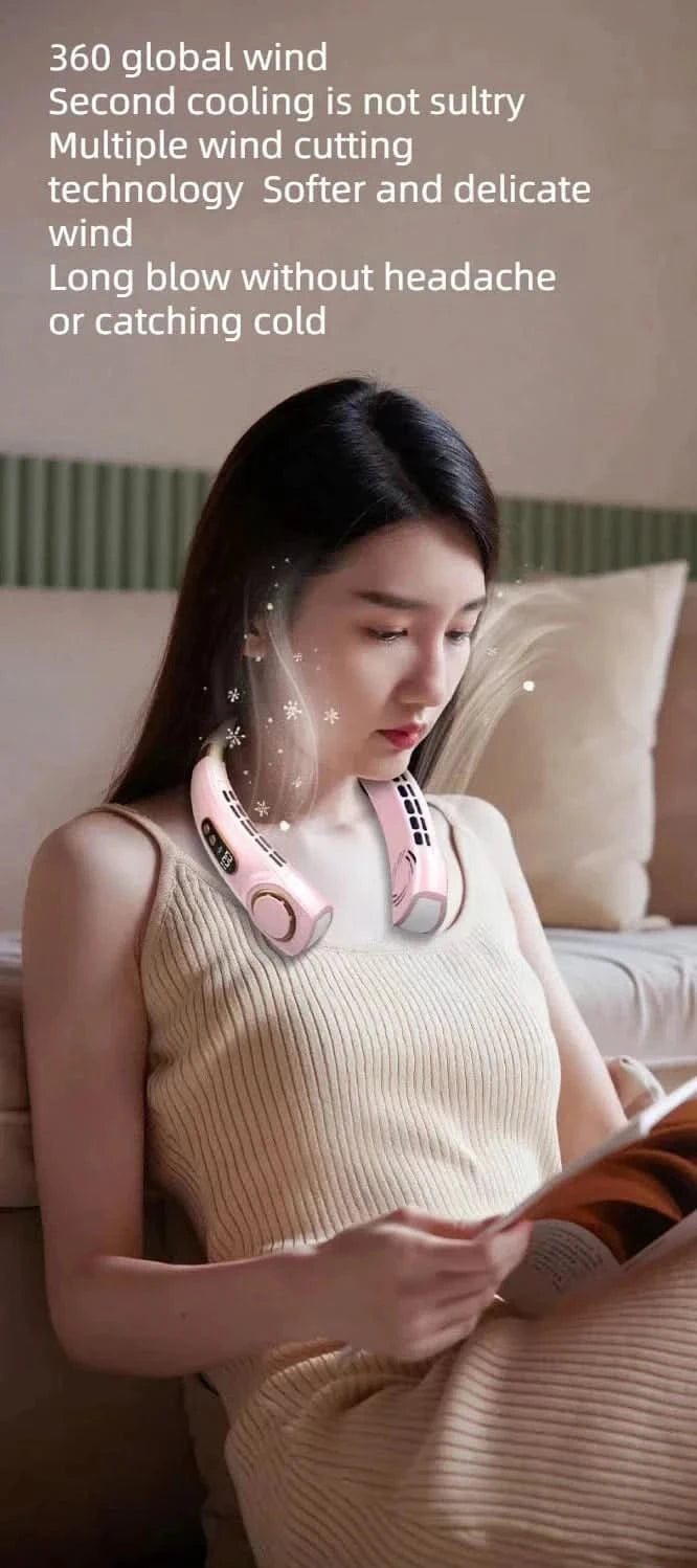 Woman using a neck and shoulder massager with text about its cooling and comfort features.
