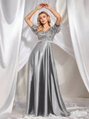 Elegant Short Sleeve Satin Patchwork Sequins V-neck Formal Evening Dresses 2026 Luxury Women A-Line Party Cocktail Prom Gowns