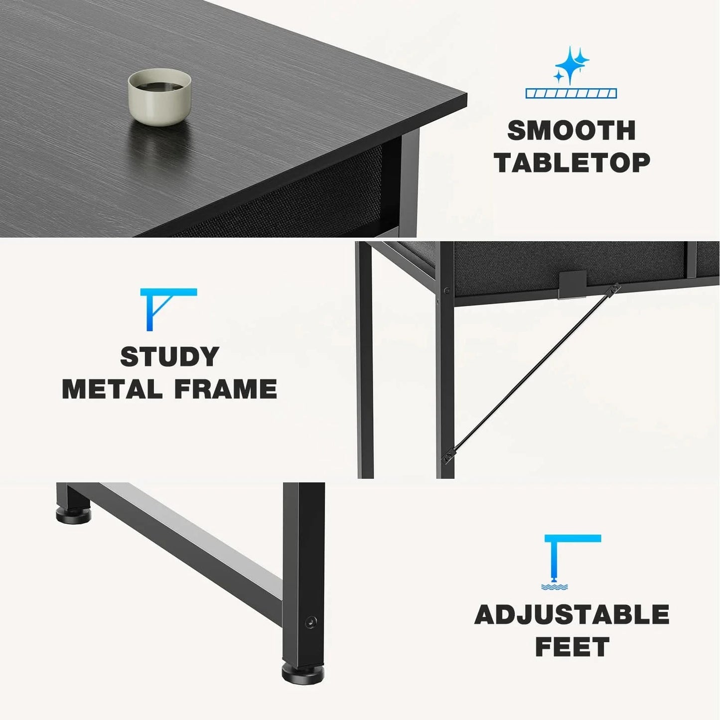 JHK 32 Inch Modern Office Computer Desk with Fabric Storage Drawers Space Side Bag Metal Frame Adjustable Feet For Home PC Table