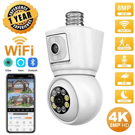 ICSEE 4K 8MP E27 Bulb WiFi Camera Dual Lens Dual Screen Auto Tracking Two Way Audio Color Night Vision Outdoor Security Camera - M & M Global