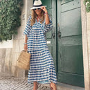 Summer Puff Sleeve Long Dress Women Geometric Print Half Sleeve Dress Boho V-Neck Loose Holiday Beach Dress Vestidos - M & M Global