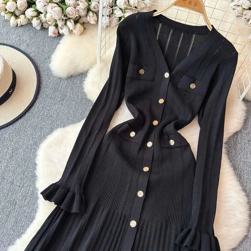 2024 Green Fashion Autumn Winter Knitted Long Dress French Style Letter Buttons Elegant Sweater Dress Lady Office Bodycon - M & M Global