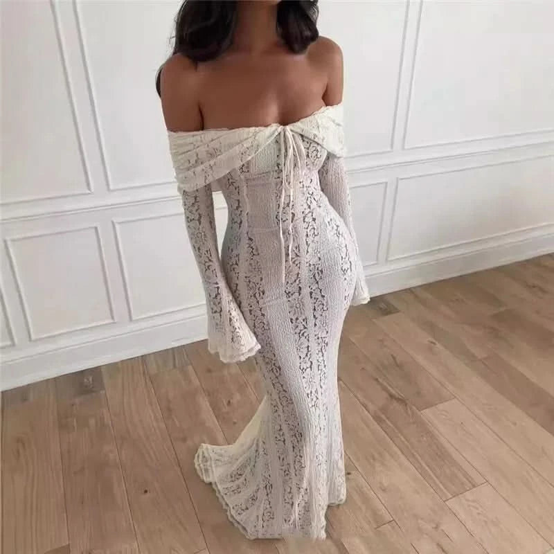 Mozision Floral Lace Off-shoulder Maxi Dress For Women White Strapless Backless Long Sleeve Bodycon Club Party Sexy Long Dress - M & M Global