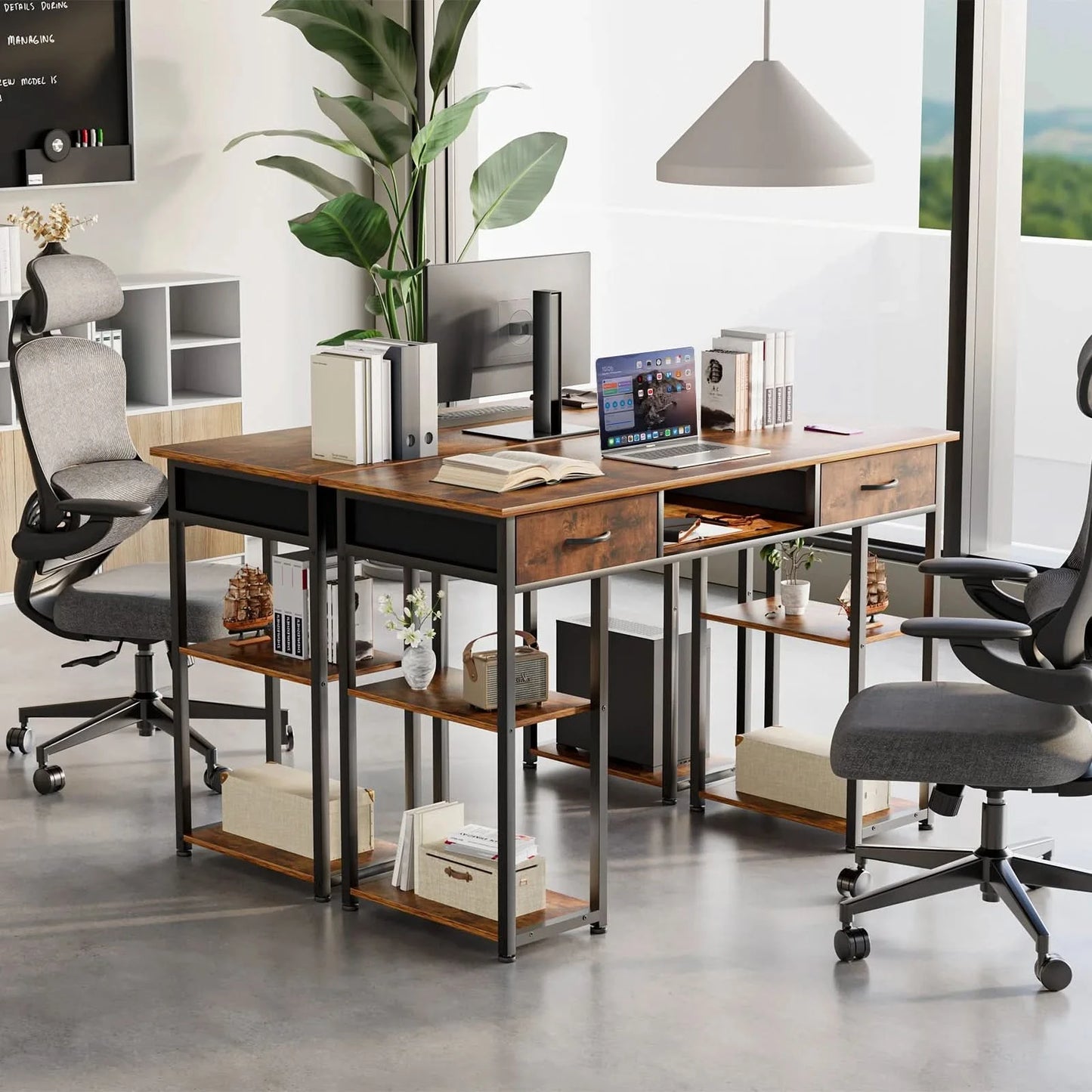JHK 48 Inch Double Deck Shelving Office Computer Desk with Pull-out Fabric Storage Drawers Metal Frame Adjustable Feet Table ﻿
