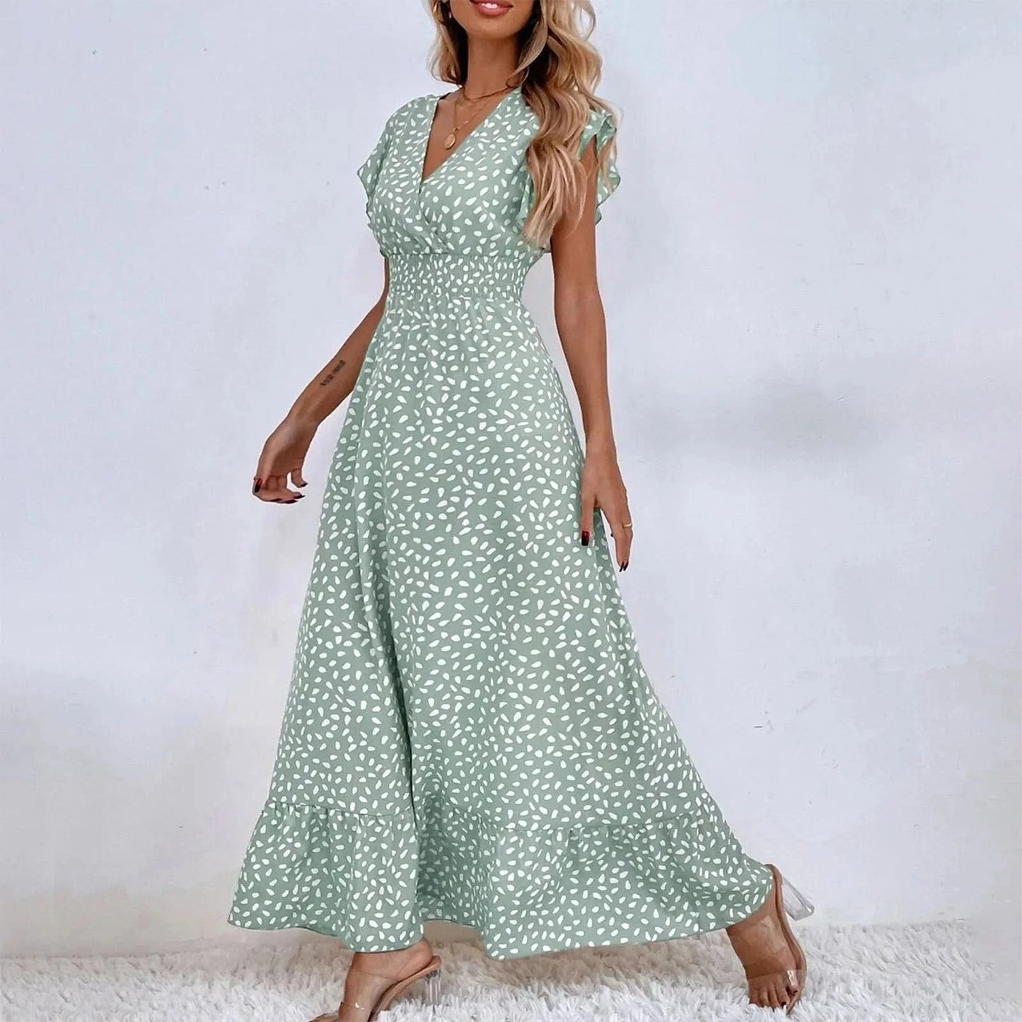 Polka Dot Dress For Women Sexy V-Neck Long Dress Casual And Fashionable Ruffle Edge Short Sleeved High Waisted Dress - M & M Global