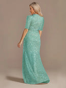 Luxury Floor Length V-Neck Evening Dresses Women Elegant Wedding Party Maxi Dress Sequins Short Sleeves Prom Cocktail Gowns