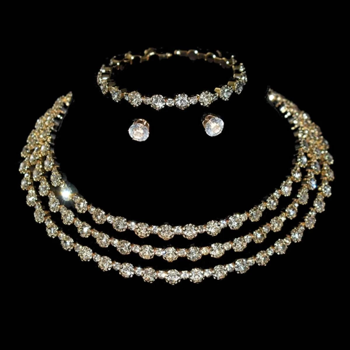 4-piece women's jewelry set with rhinestones, multi-layer collars, earrings, bracelets, wedding party accessories - M & M Global