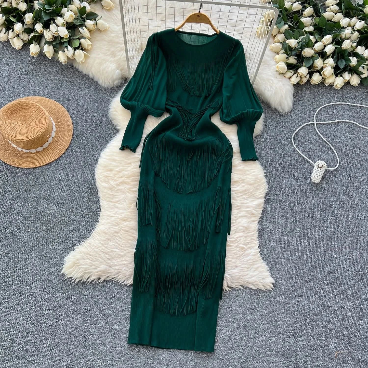 Vintage O-Neck Elegant Long Lantern Sleeve Chic Tassel Slim Long Dress French Fashion Evening High Street Autumn Winter Clothing - M & M Global