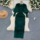 Vintage O-Neck Elegant Long Lantern Sleeve Chic Tassel Slim Long Dress French Fashion Evening High Street Autumn Winter Clothing - M & M Global