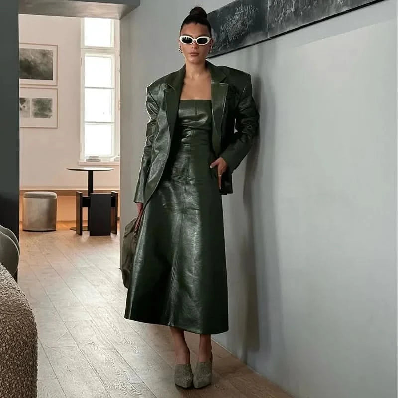 PU Leather Strapless Dresses Coat Women's Two Pieces Set Vintage Tube Sleeveless Slim Long Dress Lapel Jackets Street Outfits - M & M Global