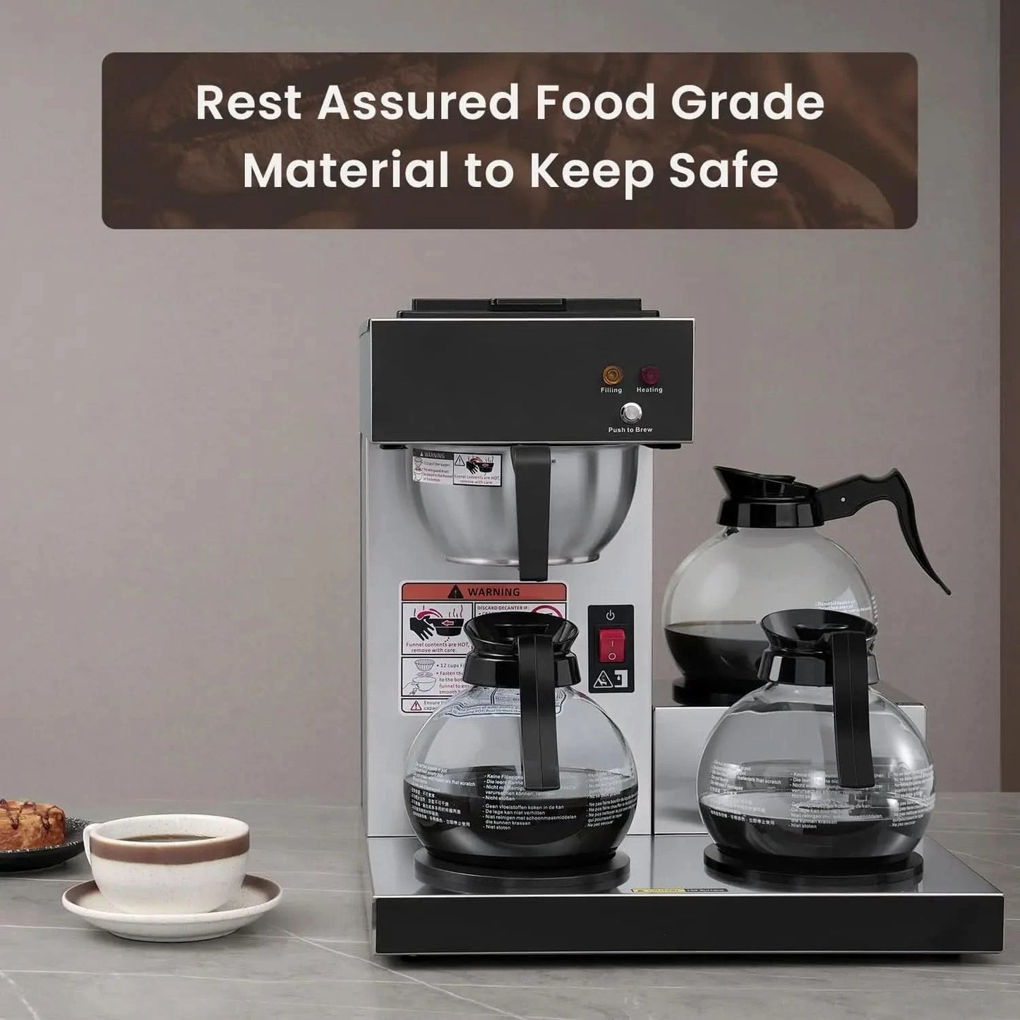 12-Cup Commercial Coffee Maker, Pour Over Drip Coffee Maker Brewer with 3 Lower Warmers and 3 Glass Decanters, Stainless Steel C - M & M Global