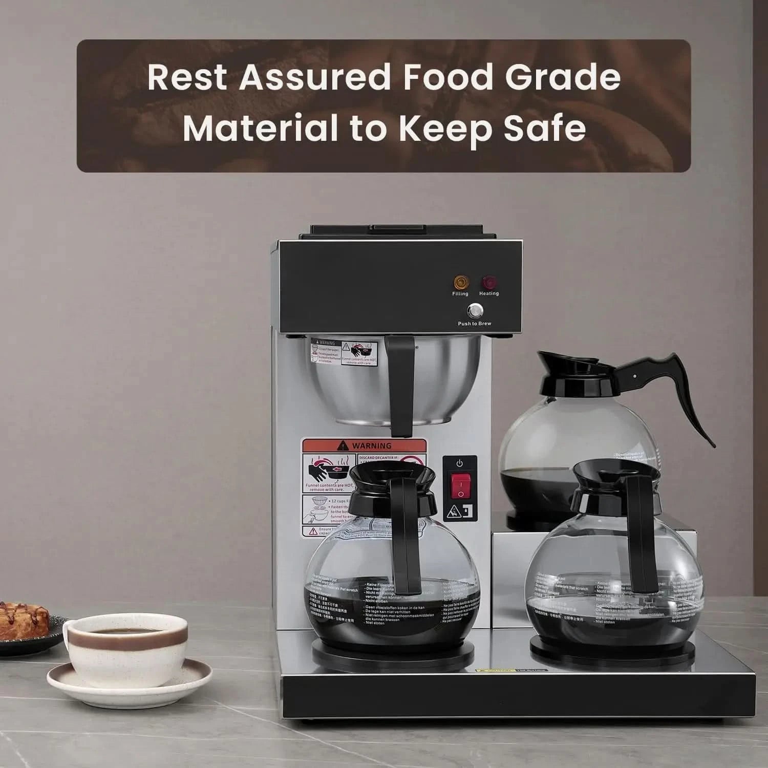 12-Cup Commercial Coffee Maker, Pour Over Drip Coffee Maker Brewer with 3 Lower Warmers and 3 Glass Decanters, Stainless Steel C - M & M Global