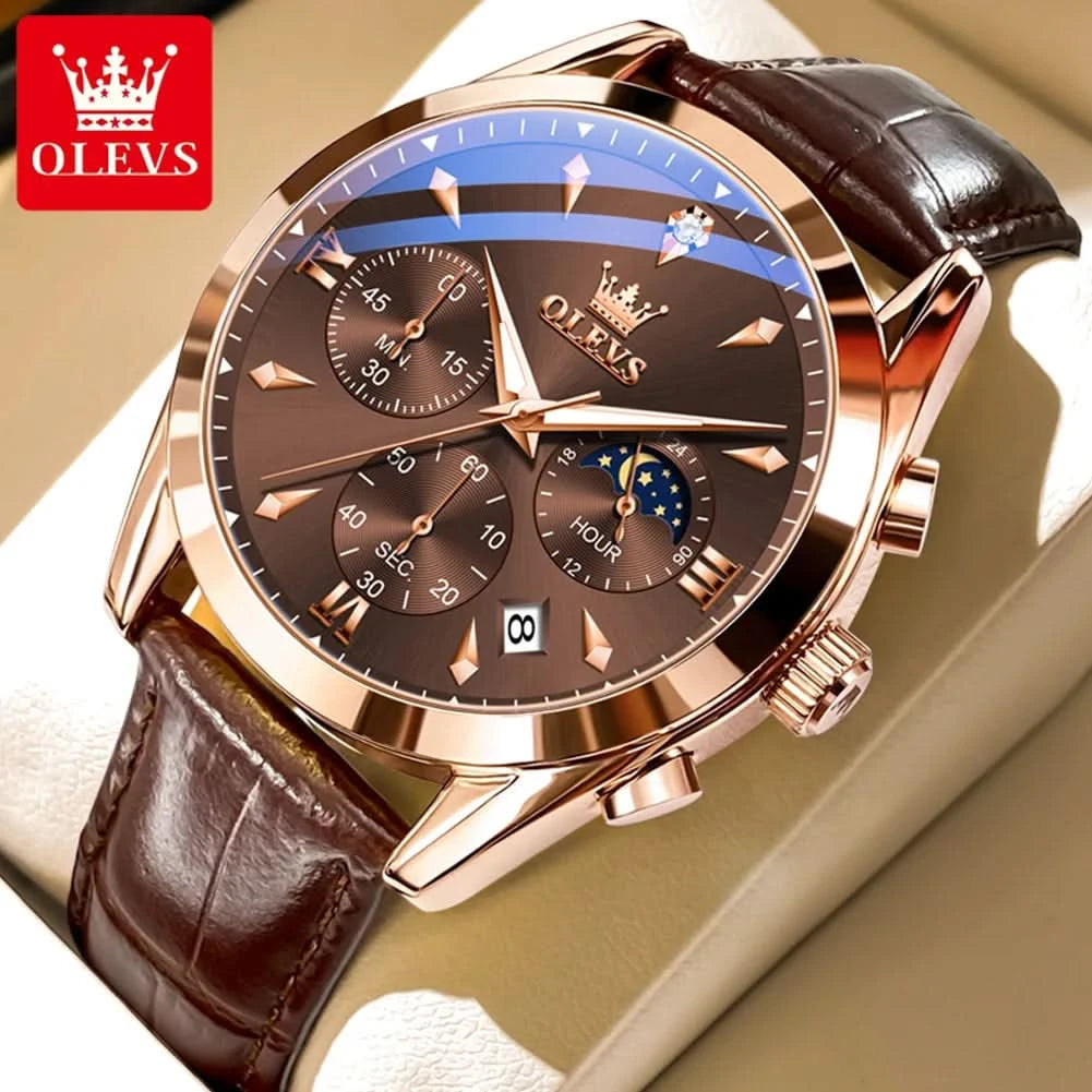 OLEVS Original Watch Leather Strap Moon Phase Luminous Quartz Watches for Man Waterproof Calendar Business Trend Wristwatch - M & M Global