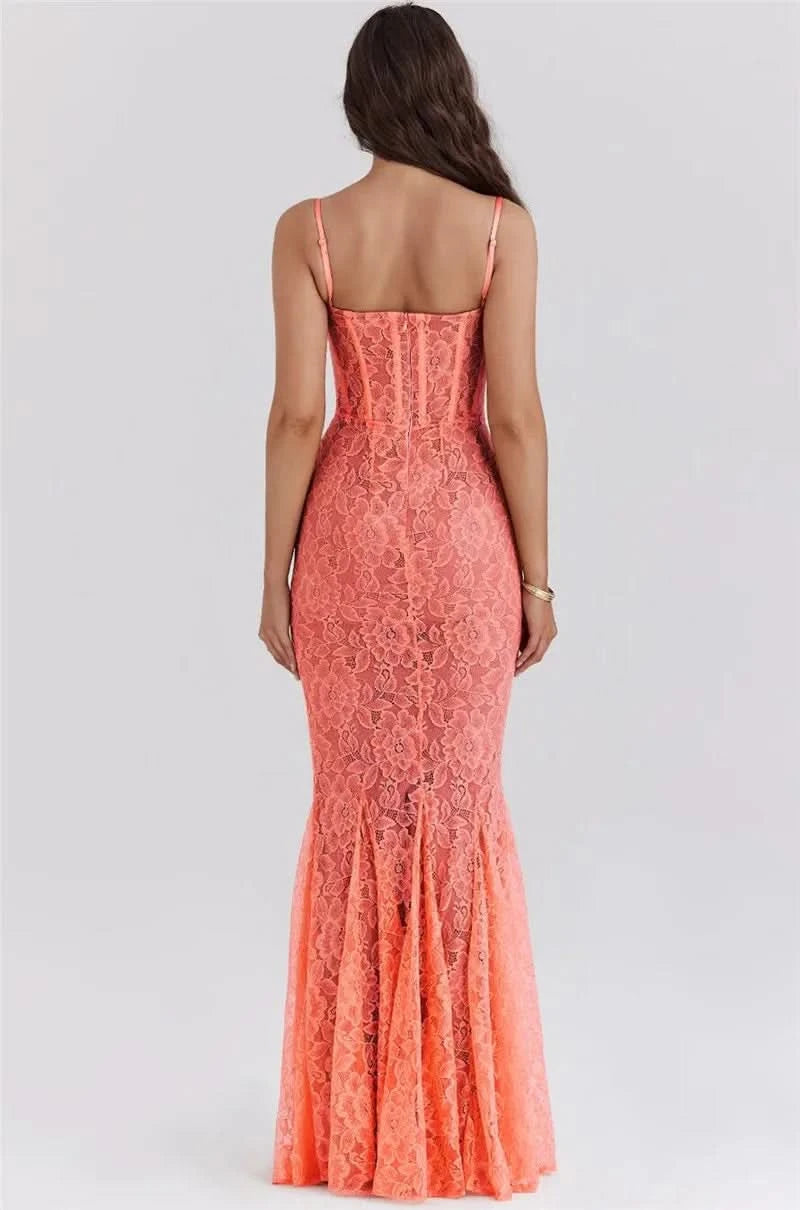 Mozision Floral Lace Sexy Maxi Dress For Women Orange Spaghetti Strap Sleeveless Backless Bodycon Club Party Long Dress Elegant - M & M Global