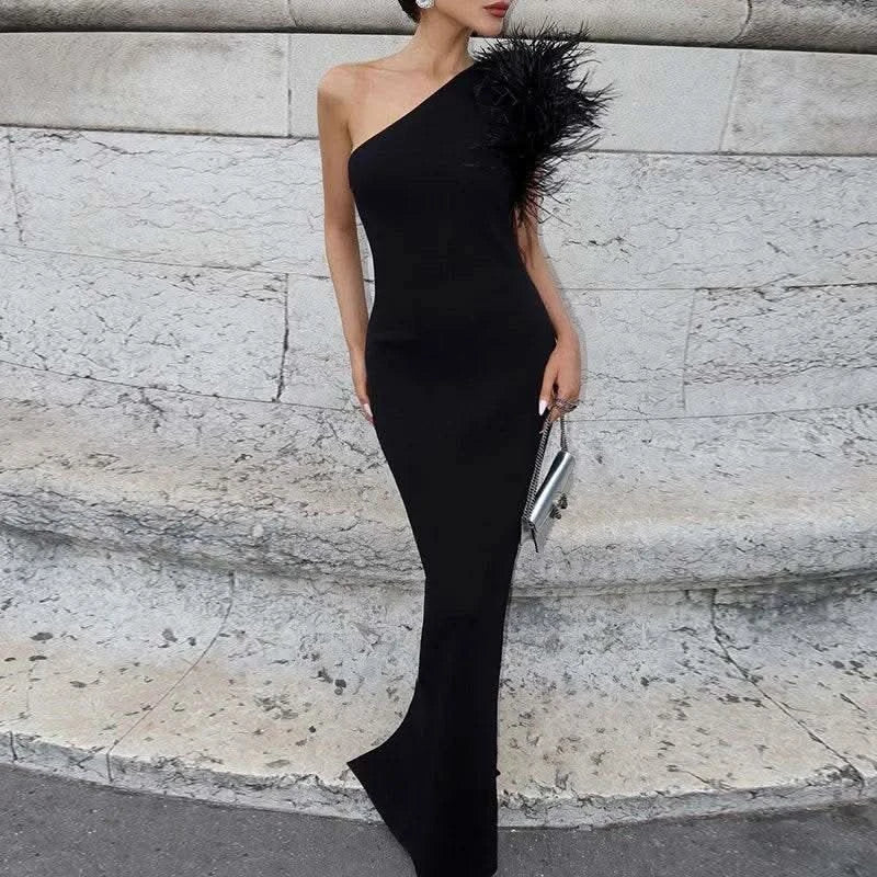 Dulzura Black Sleeveless One Shoulder Maxi Dress For Women Bodycon Sexy Party Elegant Long Dress Birthday Evening Outfit - M & M Global