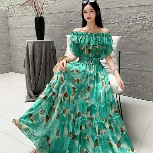 2024 New Summer Women Sexy Slash Neck Short Sleeve Slim Long Dress Fashion Patchwork Big Hem Sweet Ruffles Floral Dress - M & M Global