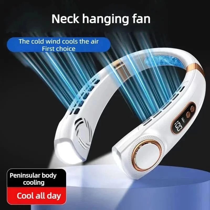 Neck hanging fan with cooling effect on a dark background

