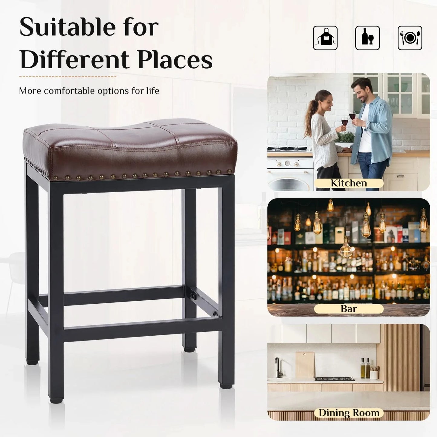JHK Bar Stools Saddle-Style Pu Leather Upholstered Chair Counter Height Bar Stools with Metal Base Saddle Stools For Kitchen