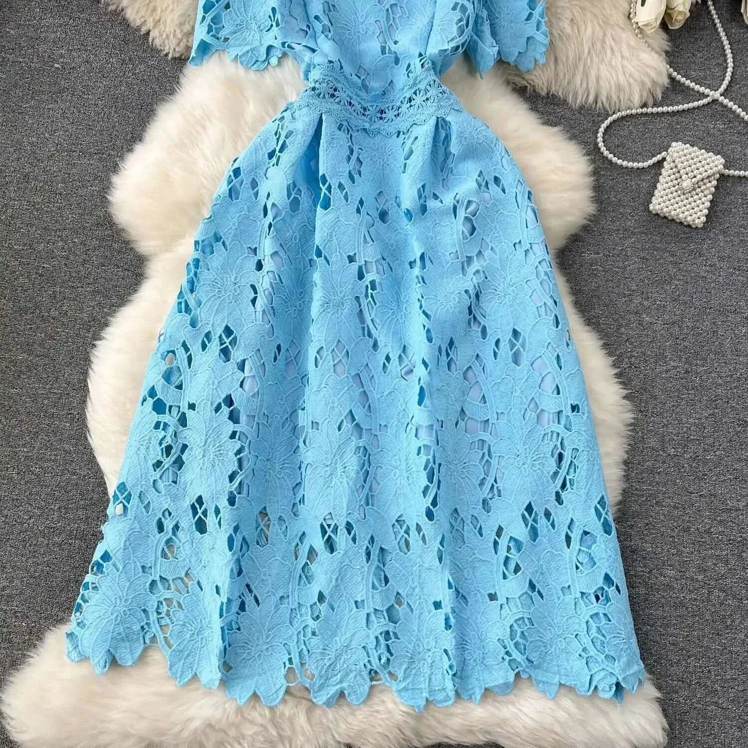 Elegant Flower Embroidery Lace Hollow Out Midi Dresses Women's 2025 Summer O Neck Short Sleeve Casual Long Dress Party Vestidos - M & M Global