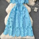 Elegant Flower Embroidery Lace Hollow Out Midi Dresses Women's 2025 Summer O Neck Short Sleeve Casual Long Dress Party Vestidos - M & M Global