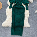 Vintage O-Neck Elegant Long Lantern Sleeve Chic Tassel Slim Long Dress French Fashion Evening High Street Autumn Winter Clothing - M & M Global