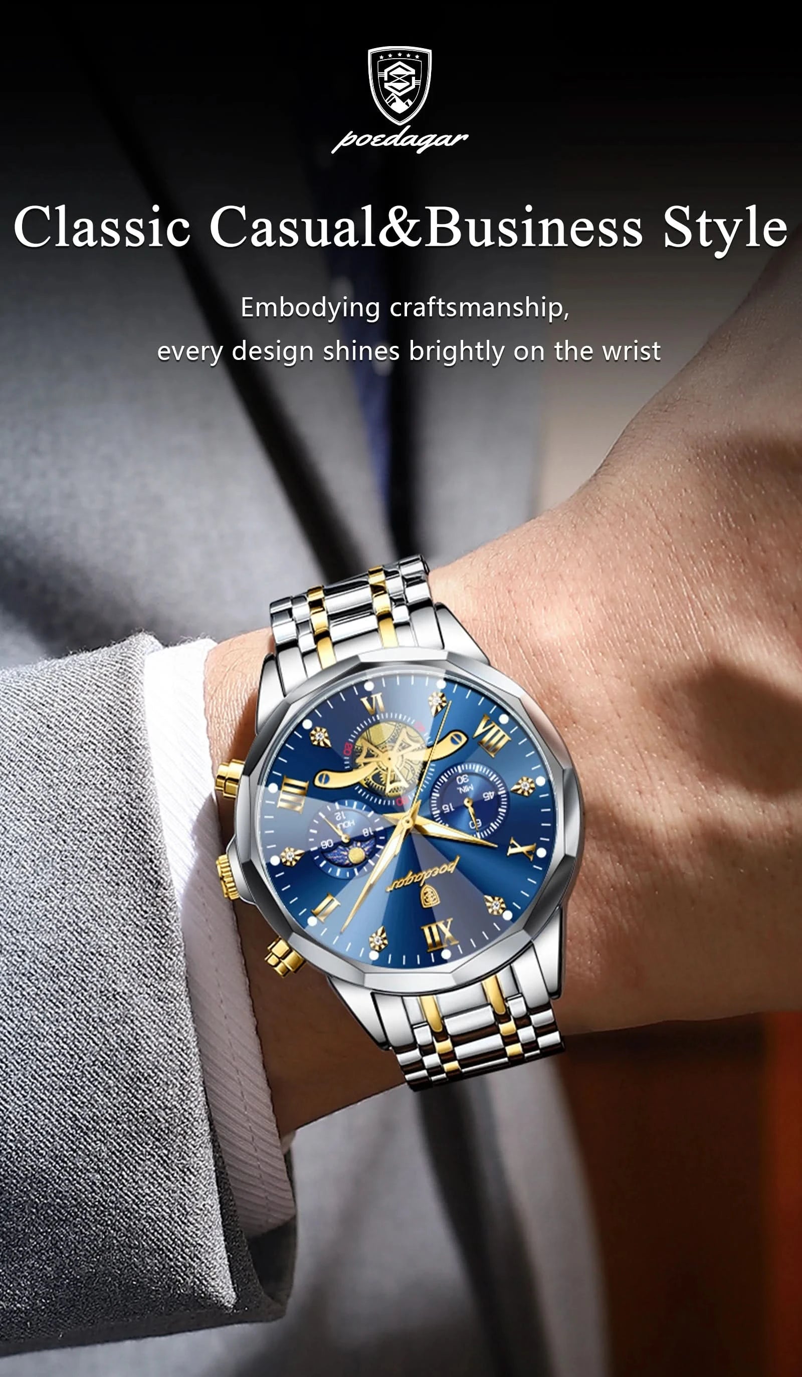 POEDAGAR Luxury Men Watch Top Original Waterproof Luminous Chronograph Man Wristwatch Stainless Steel Quartz Men's Watches Reloj - M & M Global