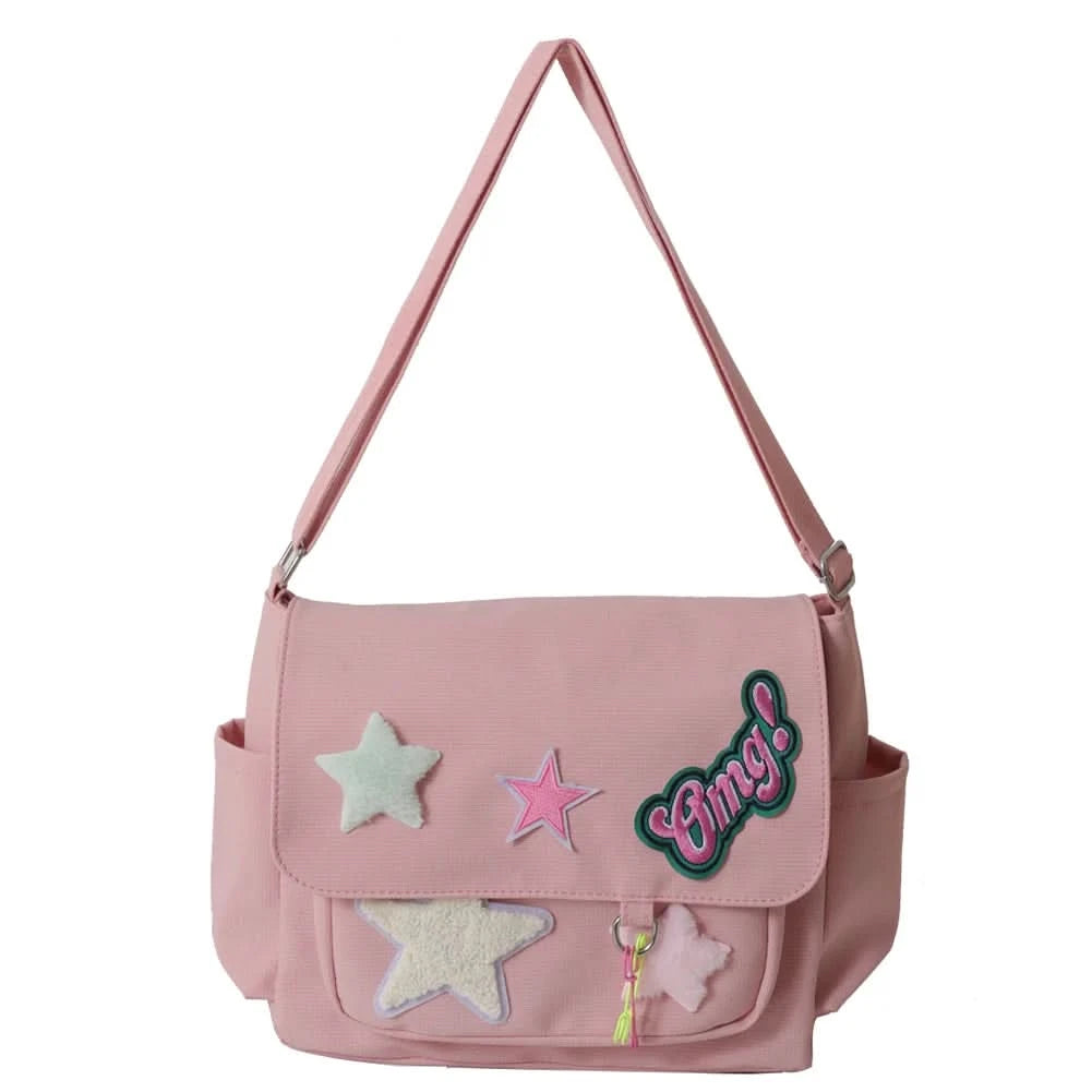 Women Cute Messenger Bag Large Capacity Canvas Student School Bag Star Letter Applique Candy Color Leisure Travel Outdoor Bag - M & M Global