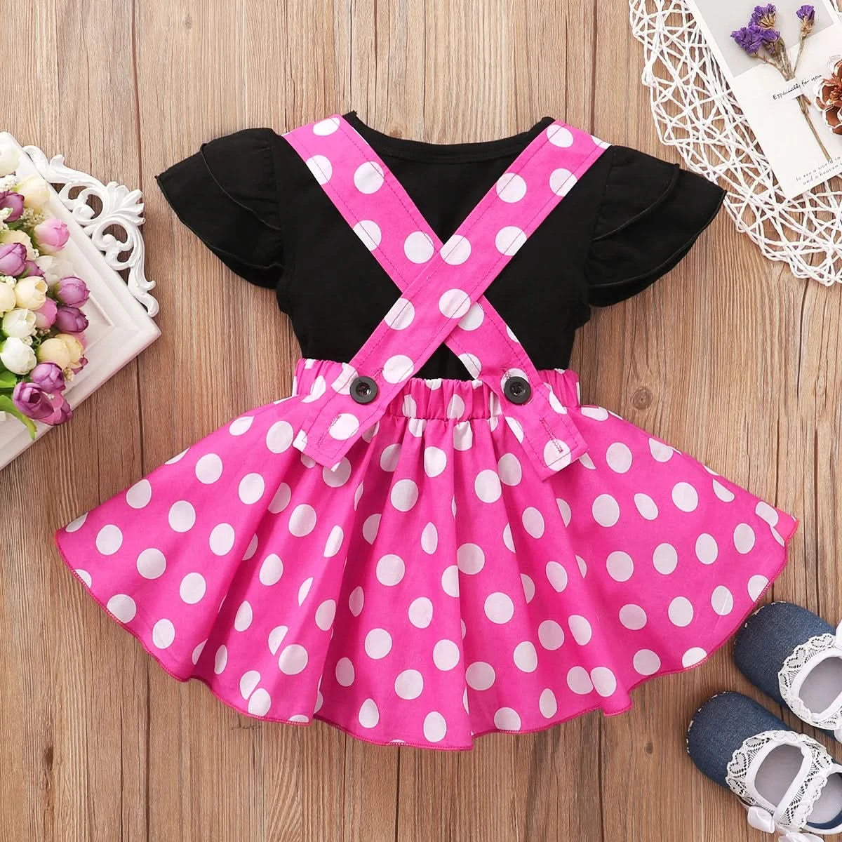 Toddler 1-5 Year Old Girl Round Neck Flying Sleeve Top+Dot Bow Strap Skirt Piece Suitable for Travel and Travel Girl Summer Set - M & M Global