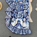 Summer Long Dress Women Runway Blue And White Porcelain Asymmetry Sexy Off The Shoulder Ruffles Hem Loose Robe Maxi Vestidos - M & M Global