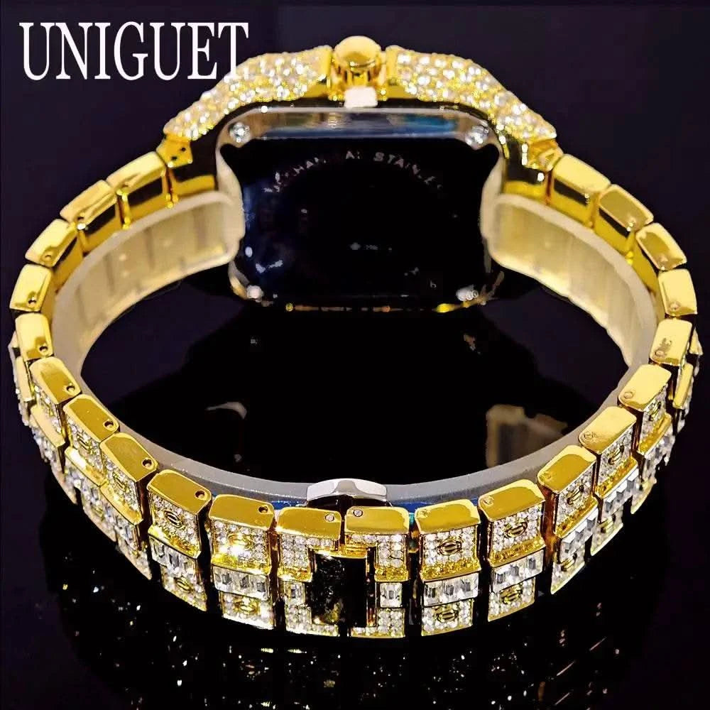 2025 UNIGUET Luxury Diamond Watch For Men With Rainbow Dial Calendar Quartz Watches Fashion Hip Hop Iced Out Wristwatch Man Gift - M & M Global