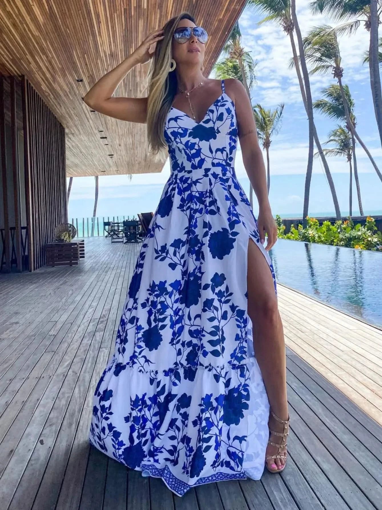 Summer Print Long Dress Women Clothing Lace Up Sling Party Dresses Pattern Strappy Ladies Hollow Out V-Neck Beach Vestidos - M & M Global