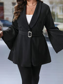 Women s Plus Size Blazer Elegant Solid Color Long Sleeve Lapel V-Neck One Button Coat Work Office Jacket with Flare Hem
