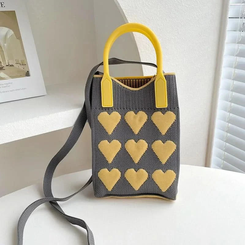 Korean Fashion Heart Knitted Mini Square Handbag for Women Small Mobile Phone Shoulder Bags Girls Cute Outdoor Crossbody Bags - M & M Global