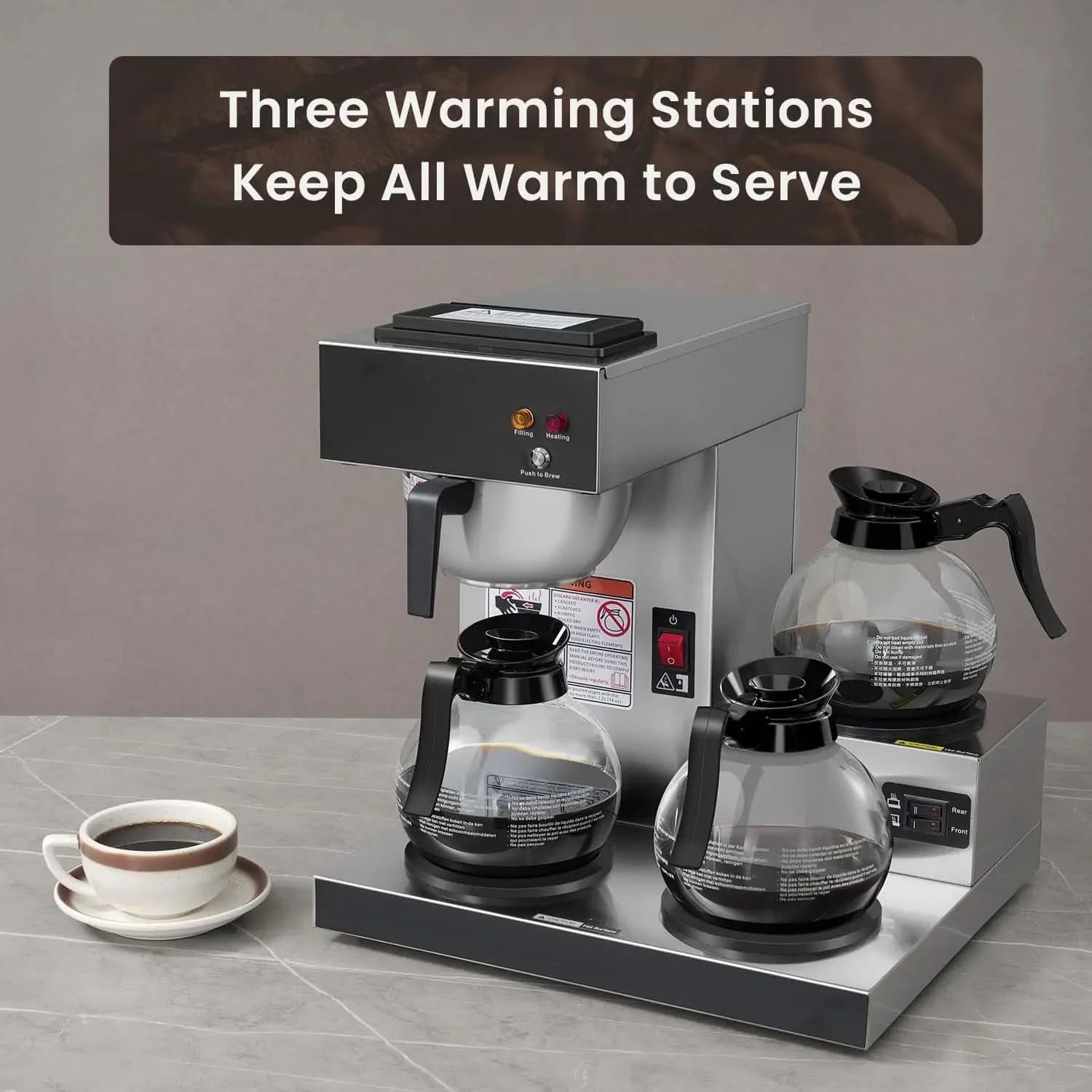 12-Cup Commercial Coffee Maker, Pour Over Drip Coffee Maker Brewer with 3 Lower Warmers and 3 Glass Decanters, Stainless Steel C - M & M Global